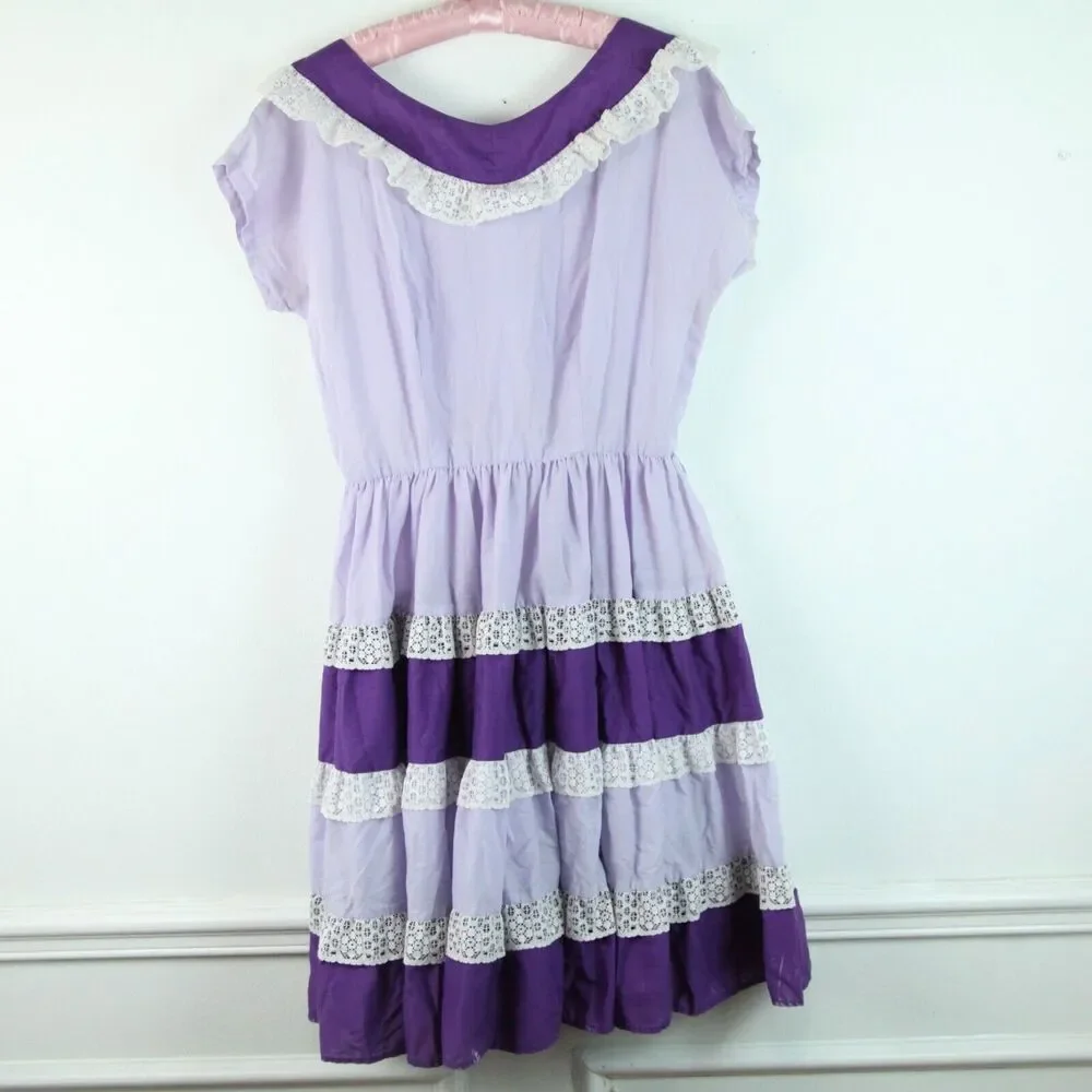 FLAW Vintage Handmade Square Dance Dress Purple Ruffle Cottagecore M Cupcake - Picture 8 of 15